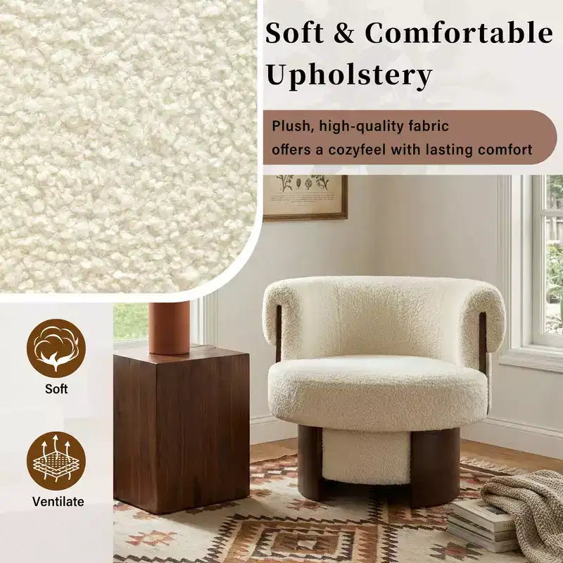 Fauteuil tonneau pivotant à 360° Whisen avec design sculptural en bois cintré, structure en bois massif, 32 po de largeur, polyvalent pour le salon et la chambre à coucher