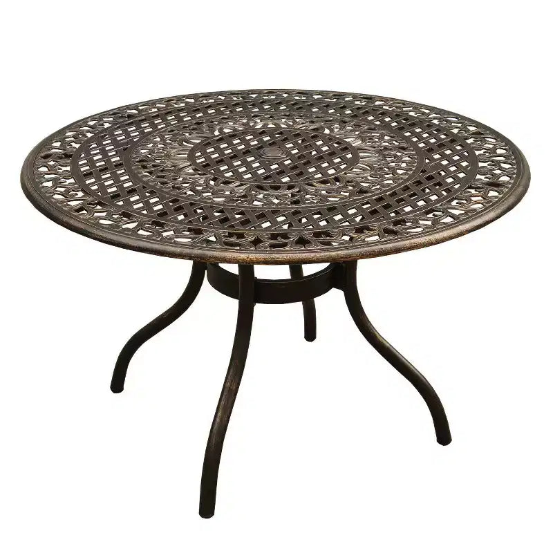 Ensemble de salle à manger de patio 5 pièces, table ronde en aluminium à motif treillis traditionnel de 48 po, finition bronze résistante aux UV - Oakland Living : sièges d'extérieur pour quatre personnes