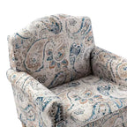 Fauteuil rembourré en bois avec motif floral, accoudoirs à panneaux et dossier en forme de bosse de chameau.