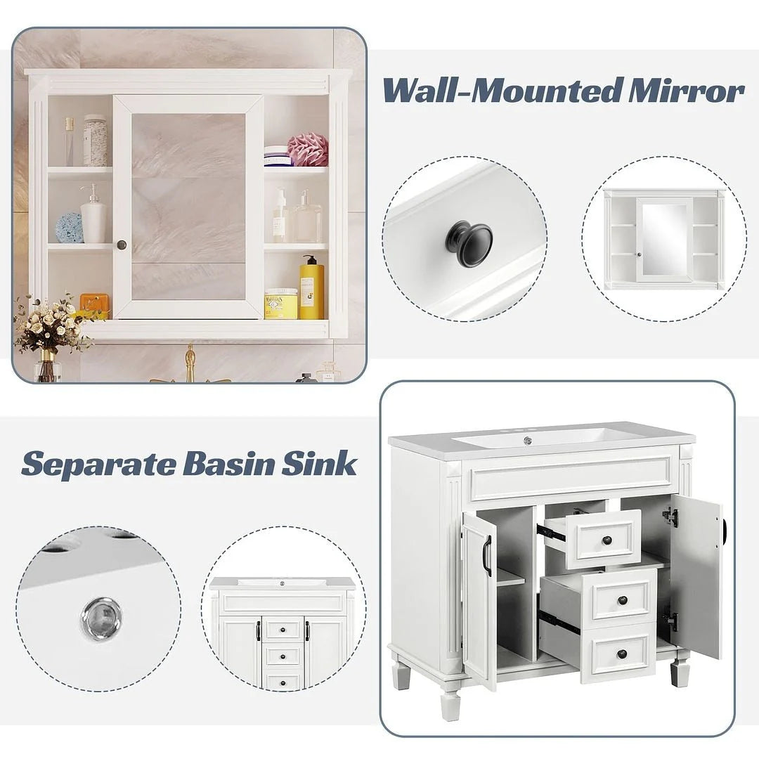 Meuble-lavabo moderne de 36 po avec vasque et armoire à miroir, 2 portes et 2 tiroirs
