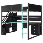 Lit mezzanine GDFStudio Scott en bois avec escalier de rangement, bureau, étagères et panneau perforé
