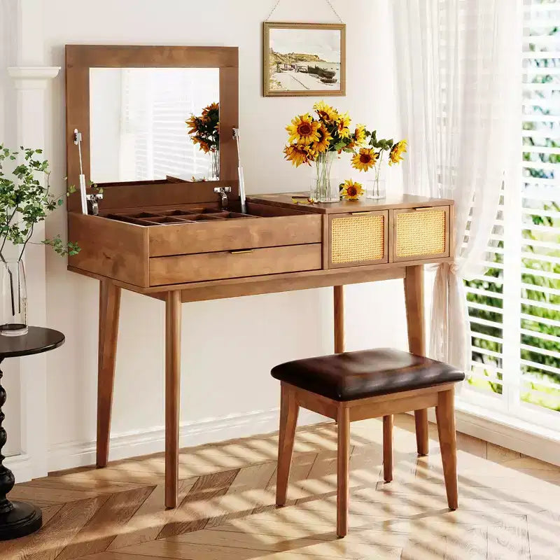 Coiffeuse GDFStudio Vita en bois classique avec miroir escamotable, 3 tiroirs de rangement et tabouret rembourré