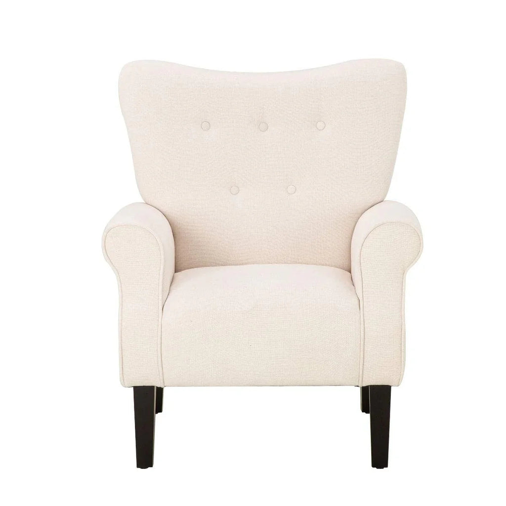 Fauteuil d'appoint moderne Erommy, fauteuil à dossier haut, canapé simple en tissu rembourré avec boutons et pieds en bois pour salon