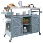 Îlot de cuisine d'extérieur Okak avec plateau en acier inoxydable, chariot de cuisine en bois avec portes, étagères et porte-épices, îlot de cuisine roulant