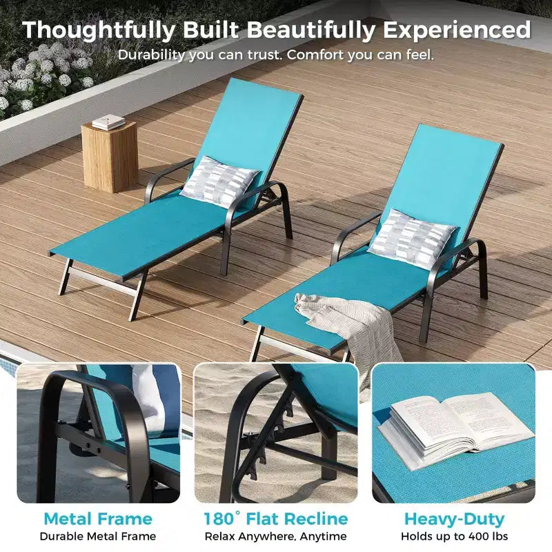 Lot de 2 Chaises Longues de Jardin, Chaises Inclinables Réglables sur 5 Positions avec Tissu Textilène, Transats de Piscine pour Jardin et Balcon