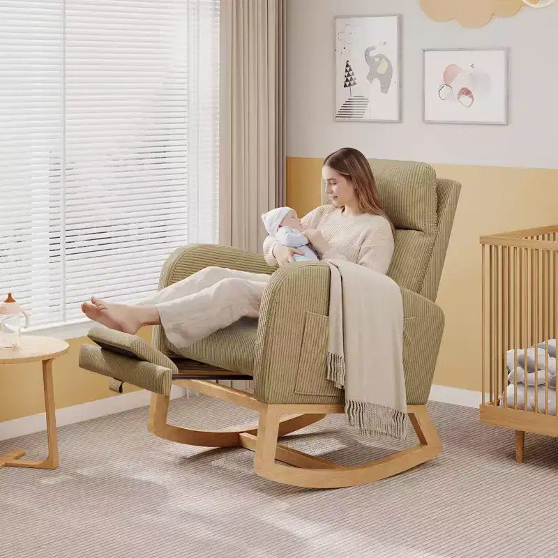 Fauteuil à bascule moderne avec oreiller et poches latérales, pour salon, chambre à coucher