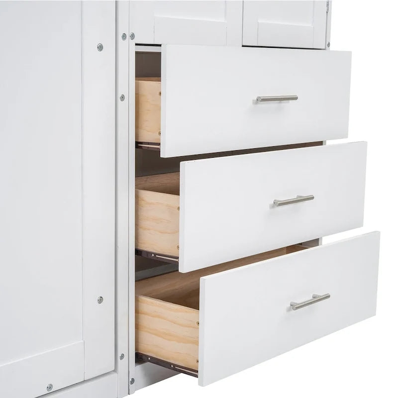 Lit escamotable moderne blanc pleine grandeur avec tiroirs, casiers et armoires