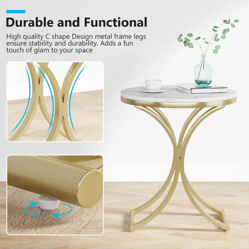Petite table d'appoint ronde moderne, bout de canapé ou table de chevet avec structure en métal doré et plateau en bois d'ingénierie aspect marbre pour salon