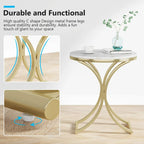 Petite table d'appoint ronde moderne, bout de canapé ou table de chevet avec structure en métal doré et plateau en bois d'ingénierie aspect marbre pour salon