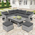 Ensemble de meubles de jardin en rotin avec table réglable, chaises longues et 2 poufs