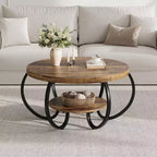 Table basse industrielle ronde de 30 pouces à 2 niveaux avec pieds réglables, étagère à grain de bois, motif flamme, assemblage facile, salon