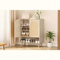 Meuble à chaussures 4 niveaux, rangement en bois avec étagères réglables et portes en rotin, meuble étroit en chêne pour couloir et salon