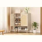 Meuble à chaussures 4 niveaux, rangement en bois avec étagères réglables et portes en rotin, meuble étroit en chêne pour couloir et salon