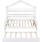 Acekool Lit cabane grandeur nature avec lit gigogne double, tiroirs de rangement et étagères, toit et clôture, lit plateforme pour enfants, blanc