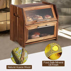Boîte à pain, double couche, en bois d'acacia, avec panneau de porte en acrylique transparent, aérations, conteneur à pain de comptoir, porte-pain marron rustique