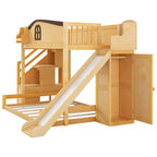 Lit superposé deux places et une place avec toboggan, étagères, escalier de rangement et armoire pour chambre d'enfant
