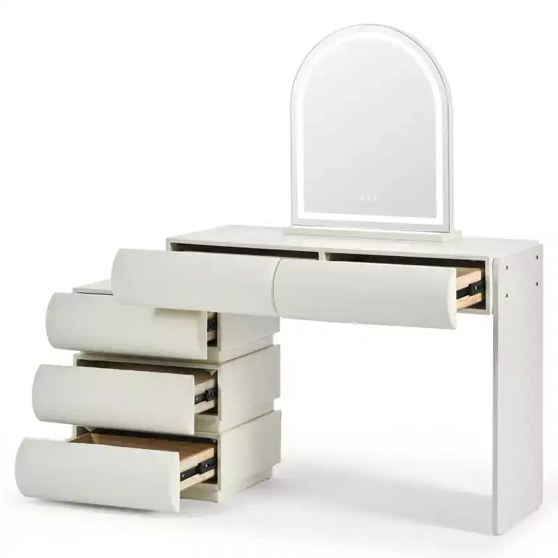 Coiffeuse de Luxe Whisen avec Miroir, Meuble Coiffeuse avec Armoire Latérale Mobile, 6 Tiroirs de Rangement et Tabouret