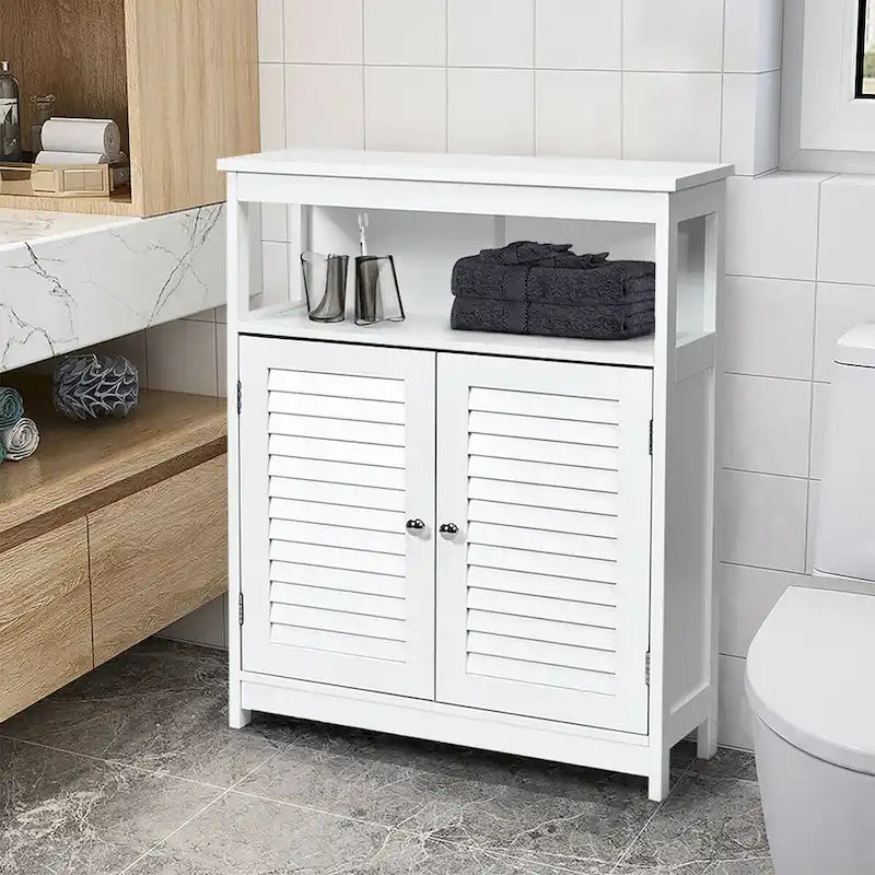 Meuble de Rangement Salle de Bain en Bois avec Double Porte à Persiennes