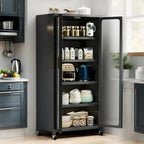 Meuble de rangement pour garde-manger de cuisine, meuble de rangement en métal à 6 niveaux avec porte transparente, étagères réglables et roulettes