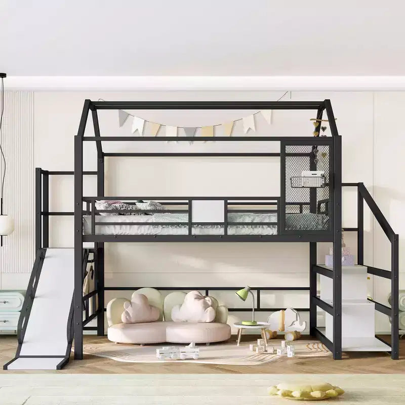 Lit mezzanine cabane avec toboggan et escalier de rangement - Cadre métallique pour enfants et adolescents