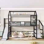 Lit mezzanine cabane avec toboggan et escalier de rangement - Cadre métallique pour enfants et adolescents