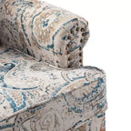 Fauteuil rembourré en bois avec motif floral, accoudoirs à panneaux et dossier en forme de bosse de chameau.