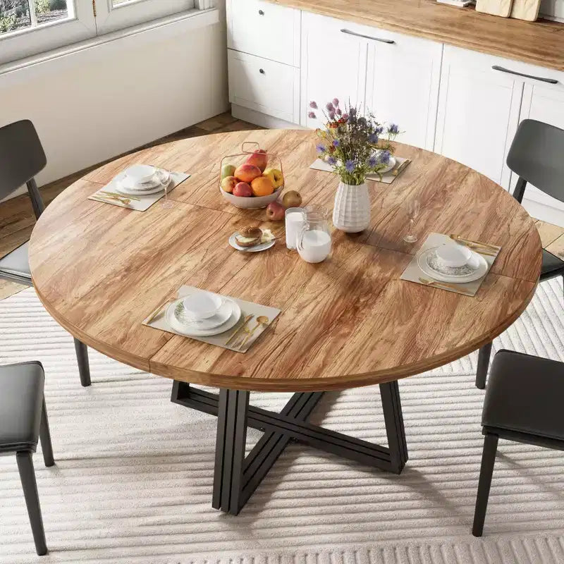 Table de salle à manger ronde pour 4 à 6 personnes, table de cuisine de 120 cm avec étagère de rangement, table à manger en bois avec base en métal pour salon, sans chaises