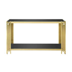 Console étroite à 2 niveaux avec structure en métal doré et plateau en verre trempé