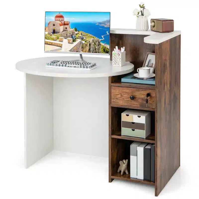Costway Comptoir de Réception Bureau de Caisse avec Étagère Ouverte et Tiroir Verrouillable Blanc/Marron/Noir
