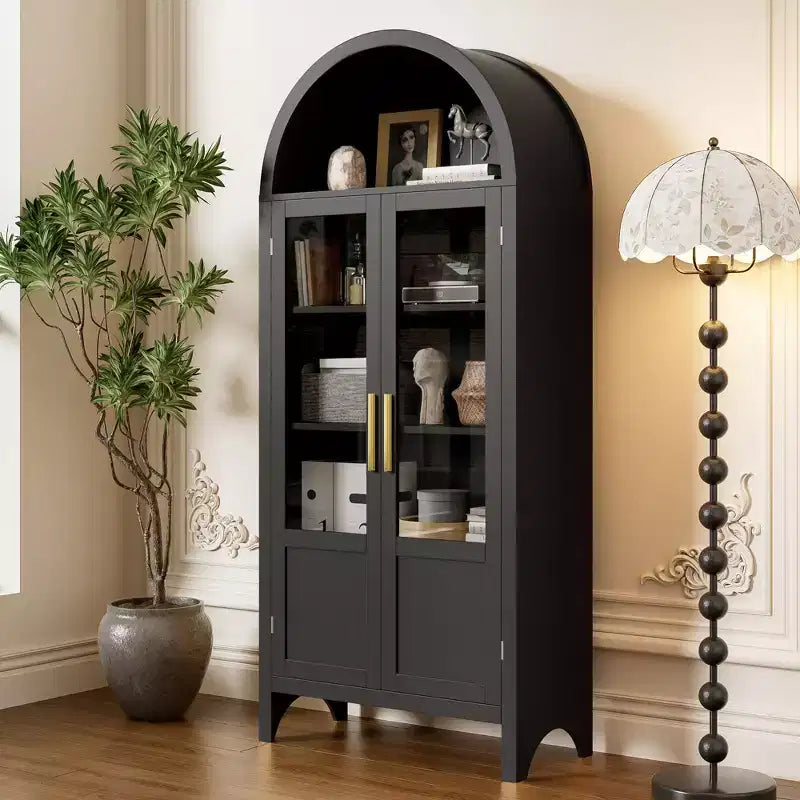 Meuble de rangement haut cintré de 71 po avec 2 portes en acrylique et étagères pour salon