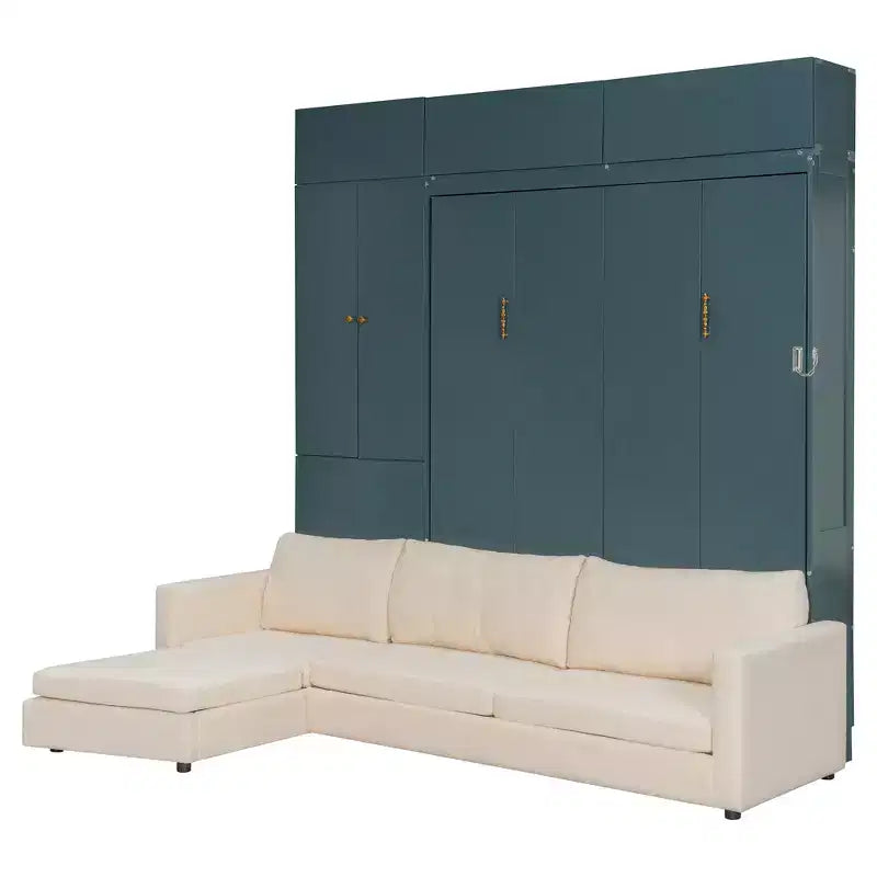 Lit escamotable Queen size avec canapé et armoire, Lit mural Queen en bois avec étagères, Lit escamotable pour chambre d'amis ou bureau