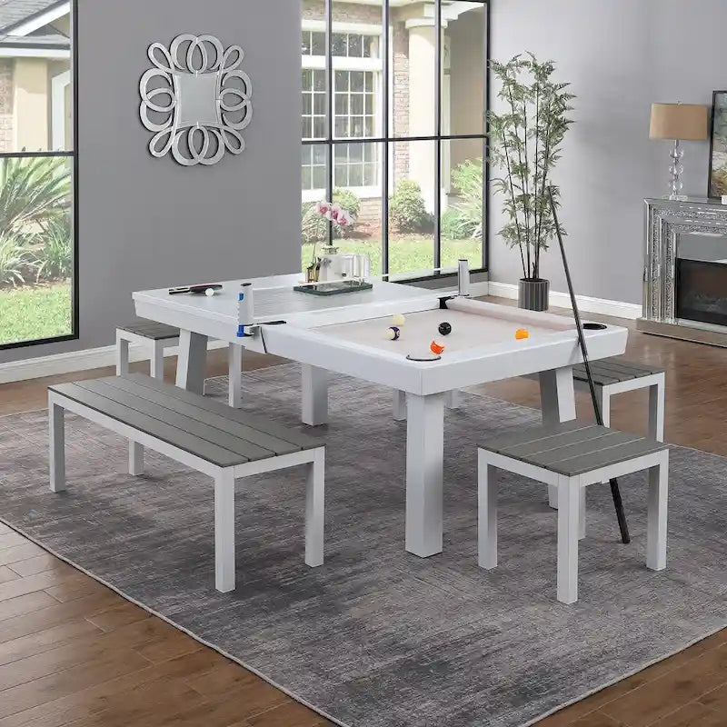 Table de billard Norwalk 2,13 m en ardoise, intérieure/extérieure, ensemble de salle à manger 6 places avec 4 bancs et accessoires, finition blanche