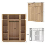 Armoire penderie grande capacité à 8 portes de 180 cm de haut avec tringle, étagères réglables et portes décoratives en rotin