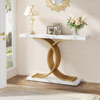 Table console moderne noire/dorée avec plateau en faux marbre, table d'entrée en bois de 99 cm avec pieds métalliques géométriques