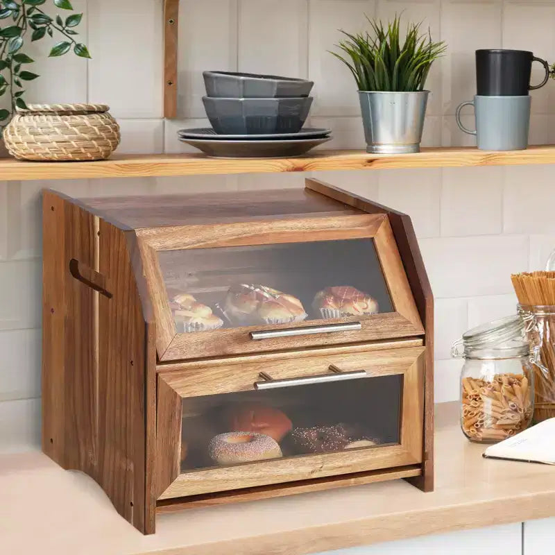 Boîte à pain, double couche, en bois d'acacia, avec panneau de porte en acrylique transparent, aérations, conteneur à pain de comptoir, porte-pain marron rustique