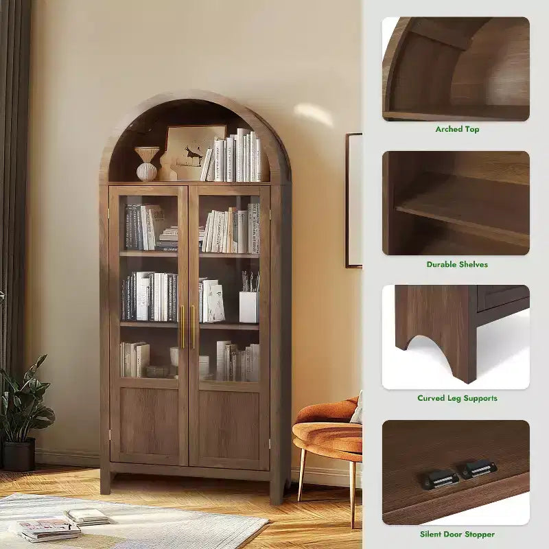 Meuble de rangement haut cintré de 71 po avec 2 portes en acrylique et étagères pour salon