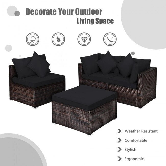 Ensemble de meubles de patio en rotin 4 pièces avec coussins et oreillers amovibles – Canapé d'angle : 73,7 x 73,7 x 63,5 cm