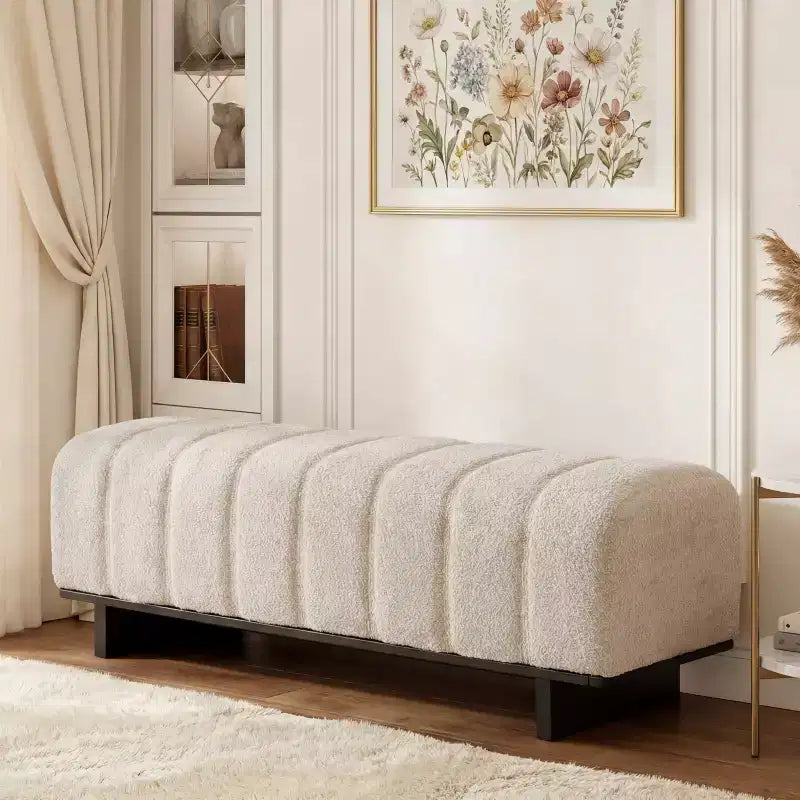 Banc de salle à manger moderne en fausse fourrure capitonnée avec pieds en bois d'hévéa, 63,62