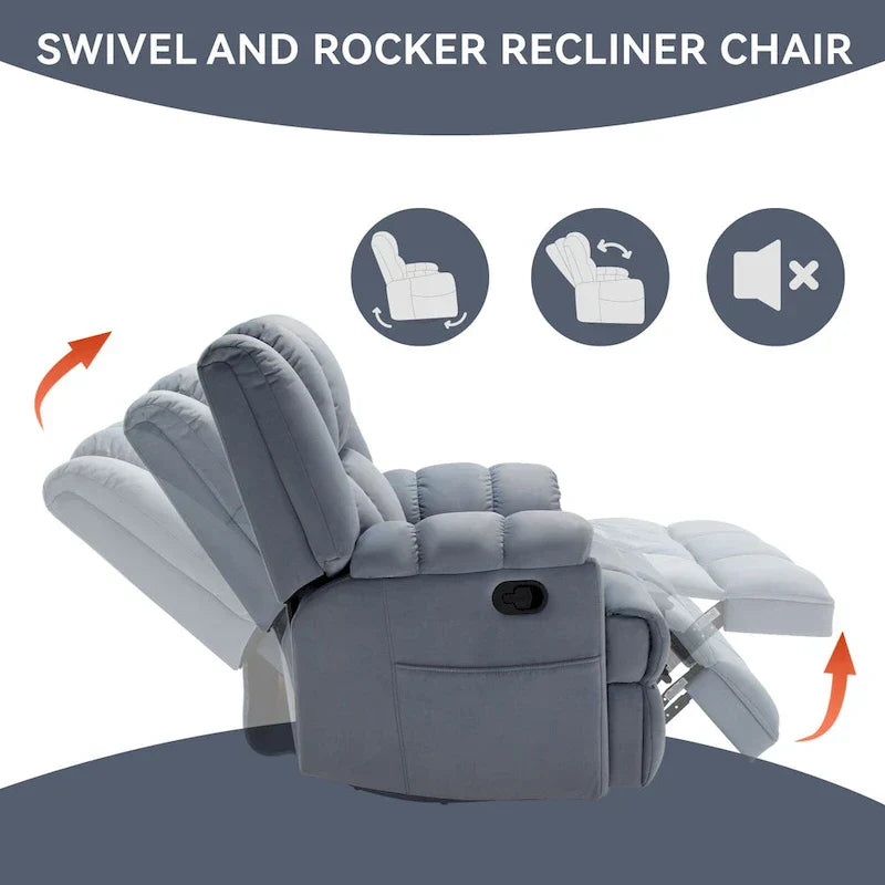 Fauteuil inclinable pivotant et à bascule en tissu Lazy Boy, grand fauteuil berçant manuel rembourré à l’excès avec accoudoirs à coussinet et dossier rembourré