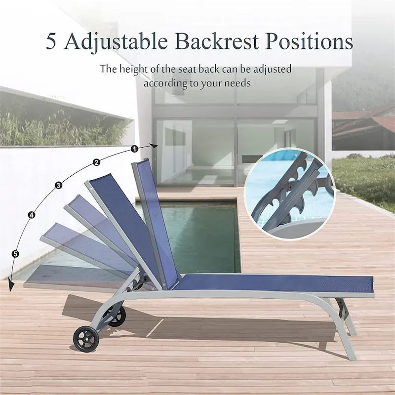 Chaise longue – Lot de 2, chaises longues avec roulettes, chaises longues avec 5 positions réglables, chaises de piscine (2 chaises longues)