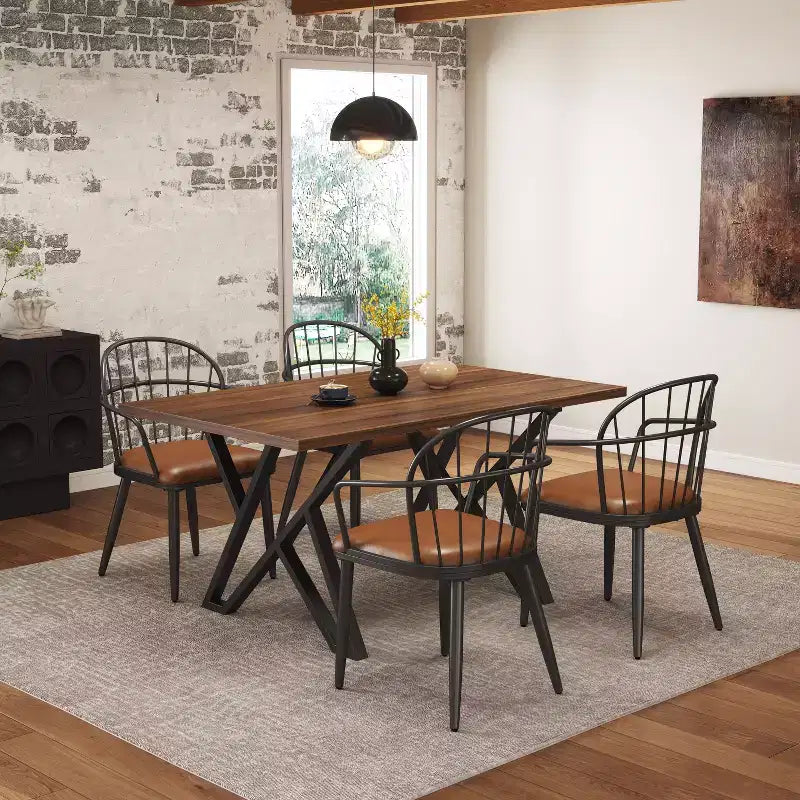 Ensemble de salle à manger 5 pièces avec 4 chaises de salle à manger et table ronde/carrée, Noir+Naturel/Noyer-ModernLuxe