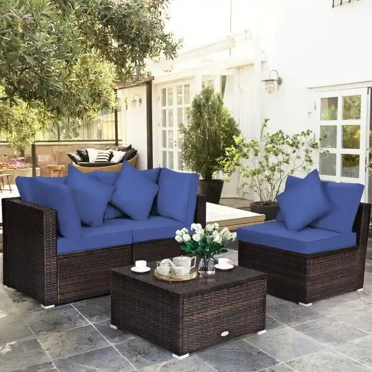 Ensemble de meubles de patio en rotin 4 pièces avec coussins et oreillers amovibles – Canapé d'angle : 73,7 x 73,7 x 63,5 cm