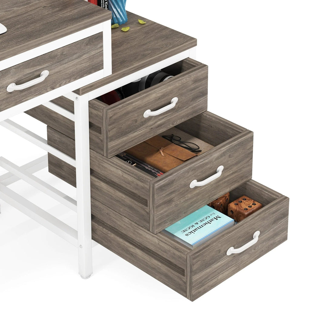 Bureau d'ordinateur réversible avec 5 tiroirs, bureau de travail à domicile avec caisson de rangement pour dossiers et support pour imprimante