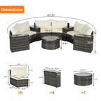 Ensemble de canapé modulaire d'extérieur semi-circulaire 11 pièces avec table basse en verre trempé et 4 tables d'appoint