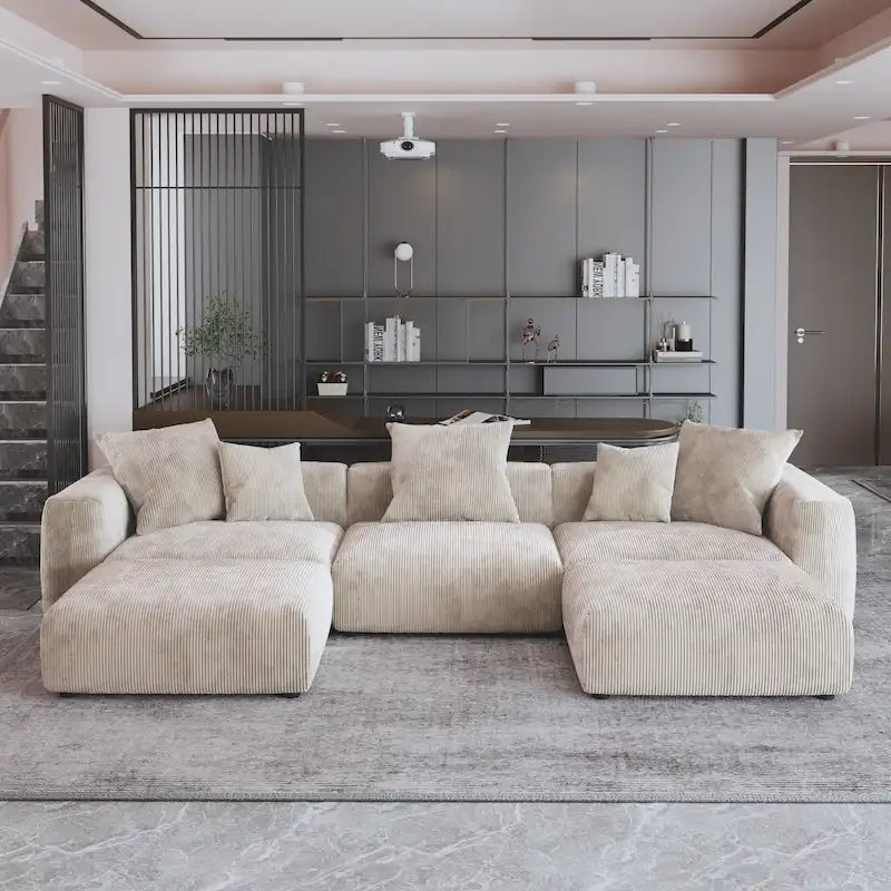 Canapé d’angle modulable 141,73, canapé en velours côtelé en U avec poufs