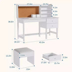 Ensemble bureau et chaise pour enfants, table d'étude en bois avec plateau inclinable réglable, tiroirs et tableau en liège - Ensemble de bureau scolaire pour enfants