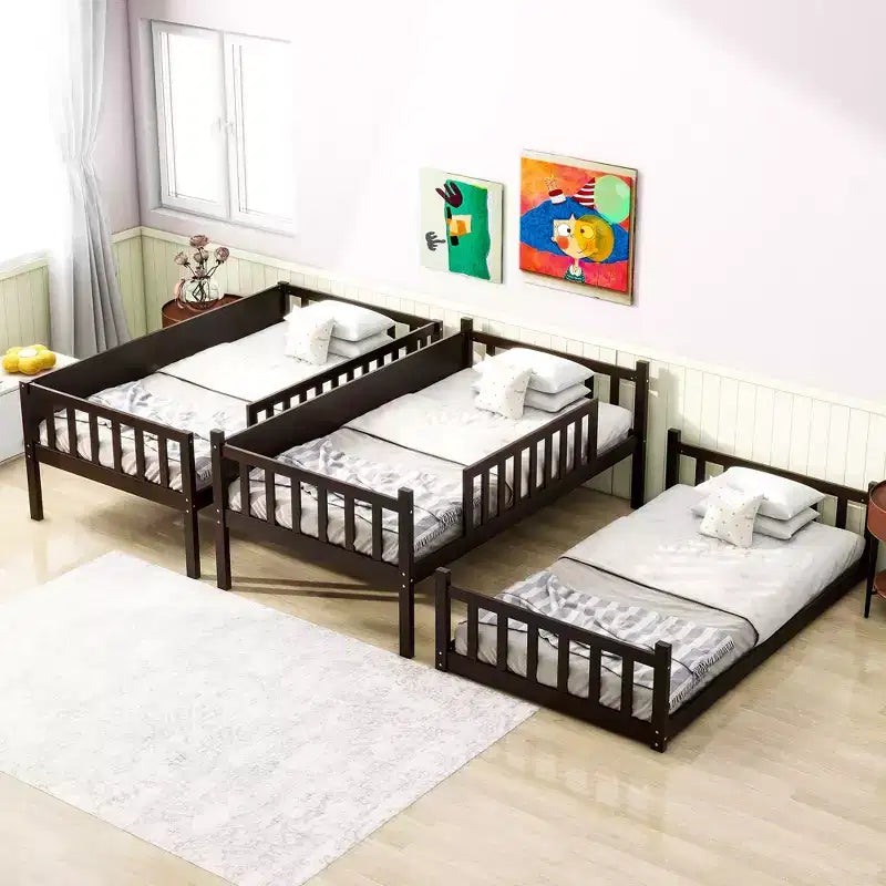 Lit superposé triple pour enfants, lit superposé trois places détachable avec échelle et barrière de sécurité, se sépare en 3 lits