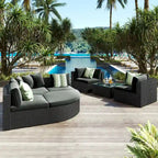 Ensemble de canapé d'extérieur moderne en osier 7 pièces avec table basse, coussins et oreillers rayés, idéal pour le patio, le jardin, la terrasse