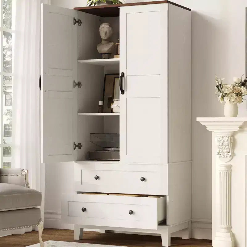 Meuble de rangement haut de 165 cm avec étagères réglables, Armoire de cuisine en bois de style Ferme avec 2 portes et 2 tiroirs, Bibliothèques autoportantes pour salle à manger, salon