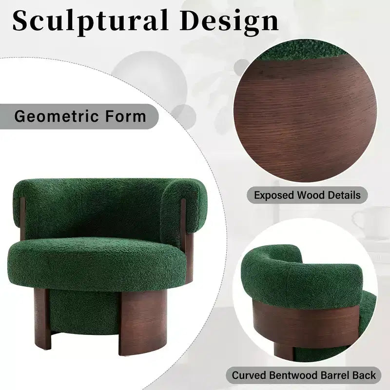 Fauteuil tonneau pivotant à 360° Whisen avec design sculptural en bois cintré, structure en bois massif, 32 po de largeur, polyvalent pour le salon et la chambre à coucher